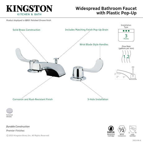 Vista KB931 Two-Handle 3-Hole Deck Mount Widespread Bathroom Faucet with Plastic Pop-Up, Polished Chrome