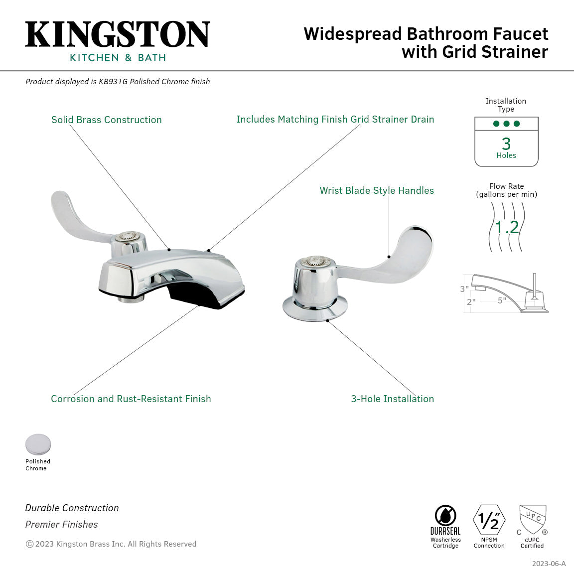 Vista KB931G Two-Handle 3-Hole Deck Mount Widespread Bathroom Faucet with Grid Strainer, Polished Chrome