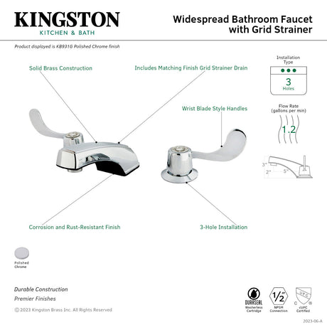 Vista KB931G Two-Handle 3-Hole Deck Mount Widespread Bathroom Faucet with Grid Strainer, Polished Chrome