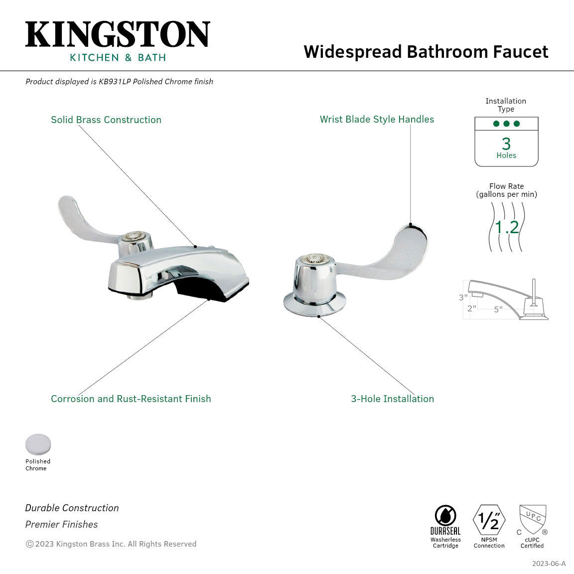 Vista KB931LP Two-Handle 3-Hole Deck Mount Widespread Bathroom Faucet, Polished Chrome