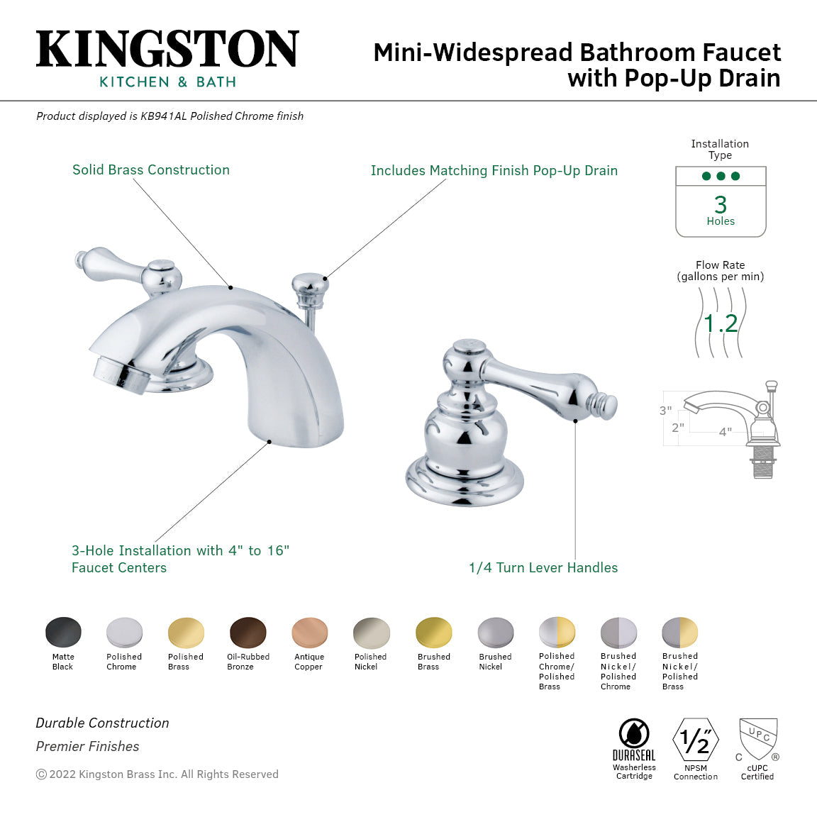 Victorian KB940AL Two-Handle 3-Hole Deck Mount Mini-Widespread Bathroom Faucet with Plastic Pop-Up, Matte Black