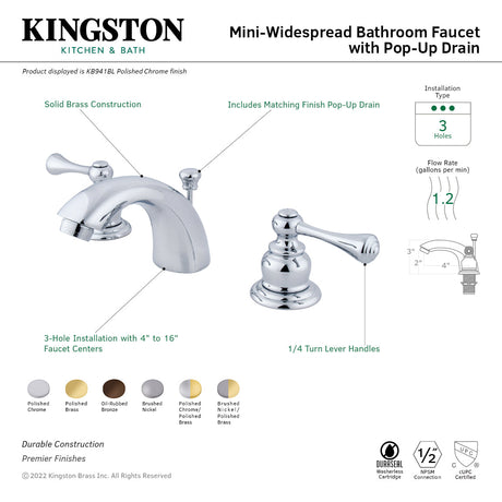 Vintage KB941BL Two-Handle 3-Hole Deck Mount Mini-Widespread Bathroom Faucet with Plastic Pop-Up, Polished Chrome