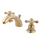 Victorian KB942AX Two-Handle 3-Hole Deck Mount Mini-Widespread Bathroom Faucet with Plastic Pop-Up, Polished Brass