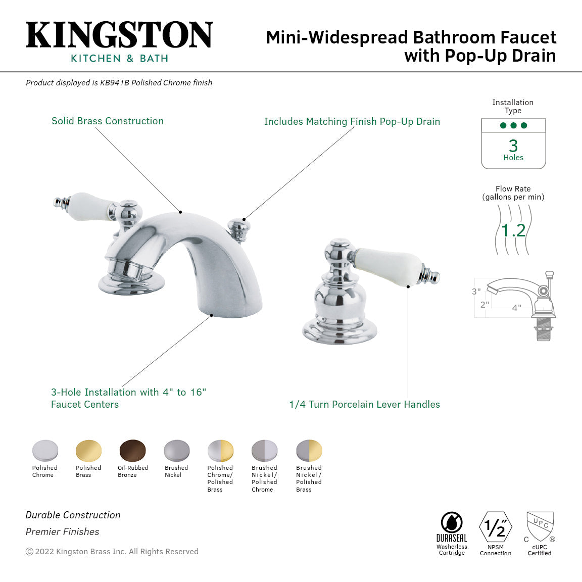 Victorian KB942B Two-Handle 3-Hole Deck Mount Mini-Widespread Bathroom Faucet with Plastic Pop-Up, Polished Brass