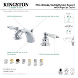 Victorian KB942B Two-Handle 3-Hole Deck Mount Mini-Widespread Bathroom Faucet with Plastic Pop-Up, Polished Brass