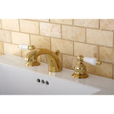 Victorian KB942B Two-Handle 3-Hole Deck Mount Mini-Widespread Bathroom Faucet with Plastic Pop-Up, Polished Brass