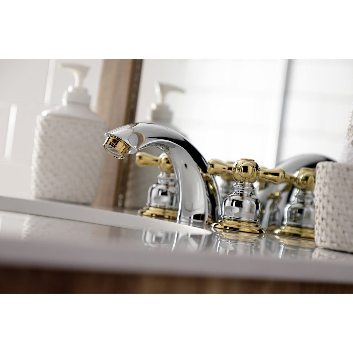 Victorian KB944AX Two-Handle 3-Hole Deck Mount Mini-Widespread Bathroom Faucet with Plastic Pop-Up, Polished Chrome/Polished Brass