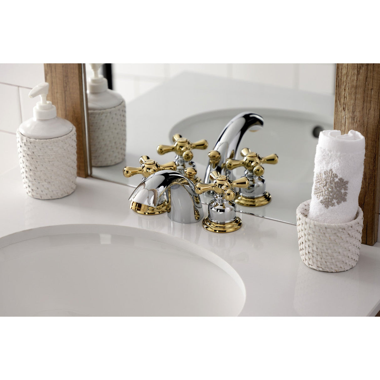 Victorian KB944AX Two-Handle 3-Hole Deck Mount Mini-Widespread Bathroom Faucet with Plastic Pop-Up, Polished Chrome/Polished Brass