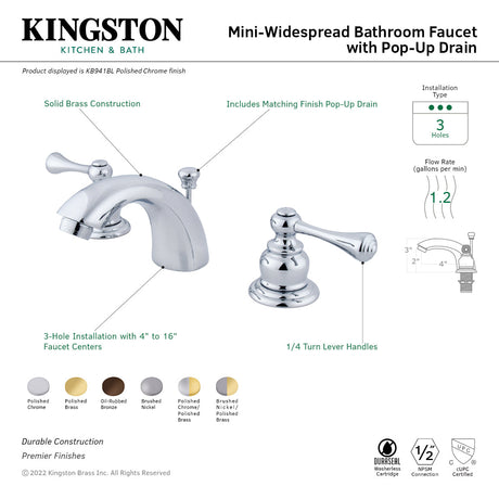 Vintage KB945BL Two-Handle 3-Hole Deck Mount Mini-Widespread Bathroom Faucet with Plastic Pop-Up, Oil Rubbed Bronze