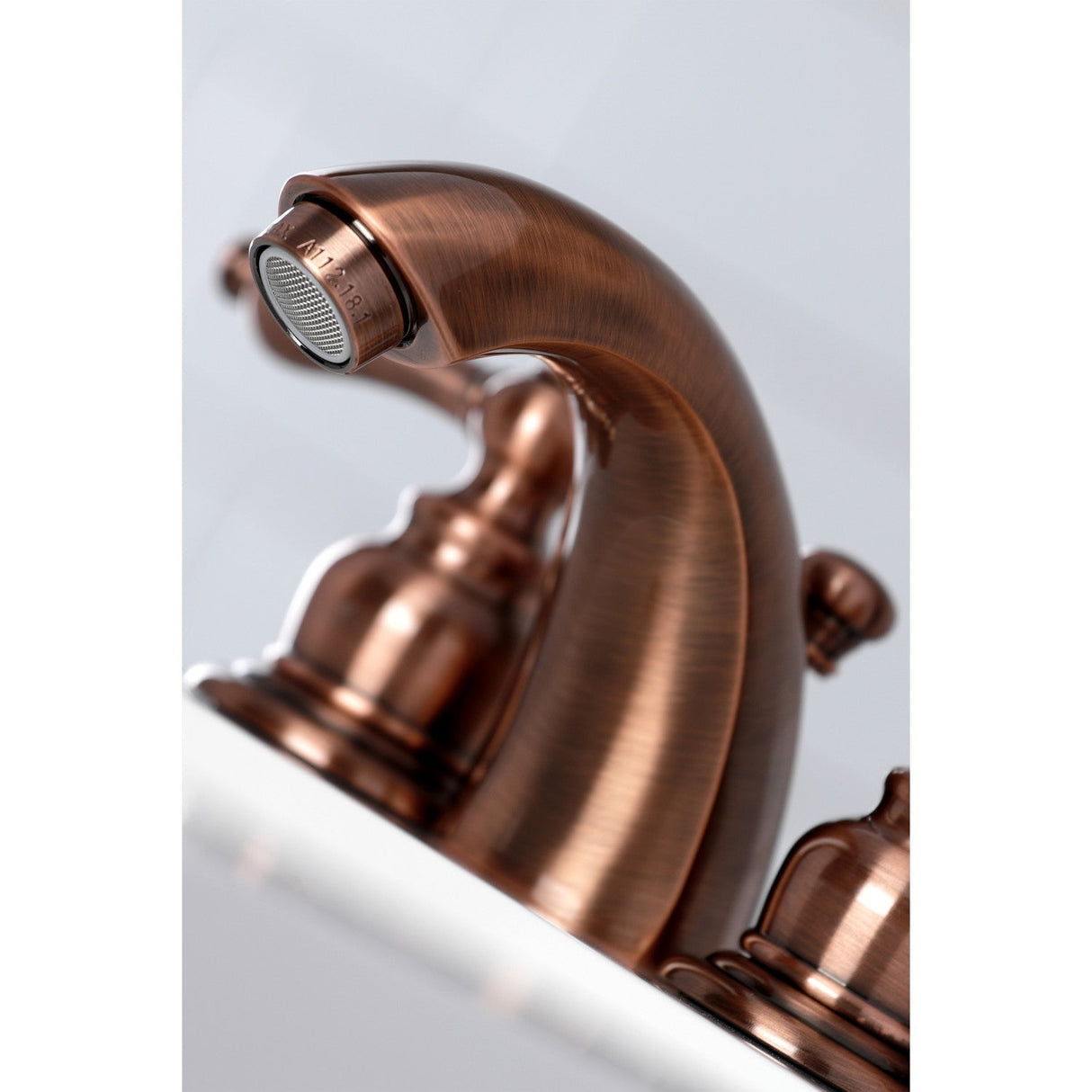 Victorian KB946AL Two-Handle 3-Hole Deck Mount Mini-Widespread Bathroom Faucet with Plastic Pop-Up, Antique Copper