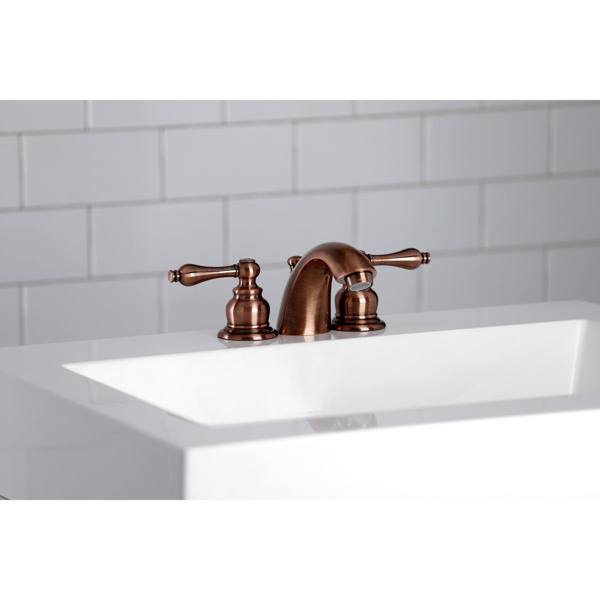 Victorian KB946AL Two-Handle 3-Hole Deck Mount Mini-Widespread Bathroom Faucet with Plastic Pop-Up, Antique Copper