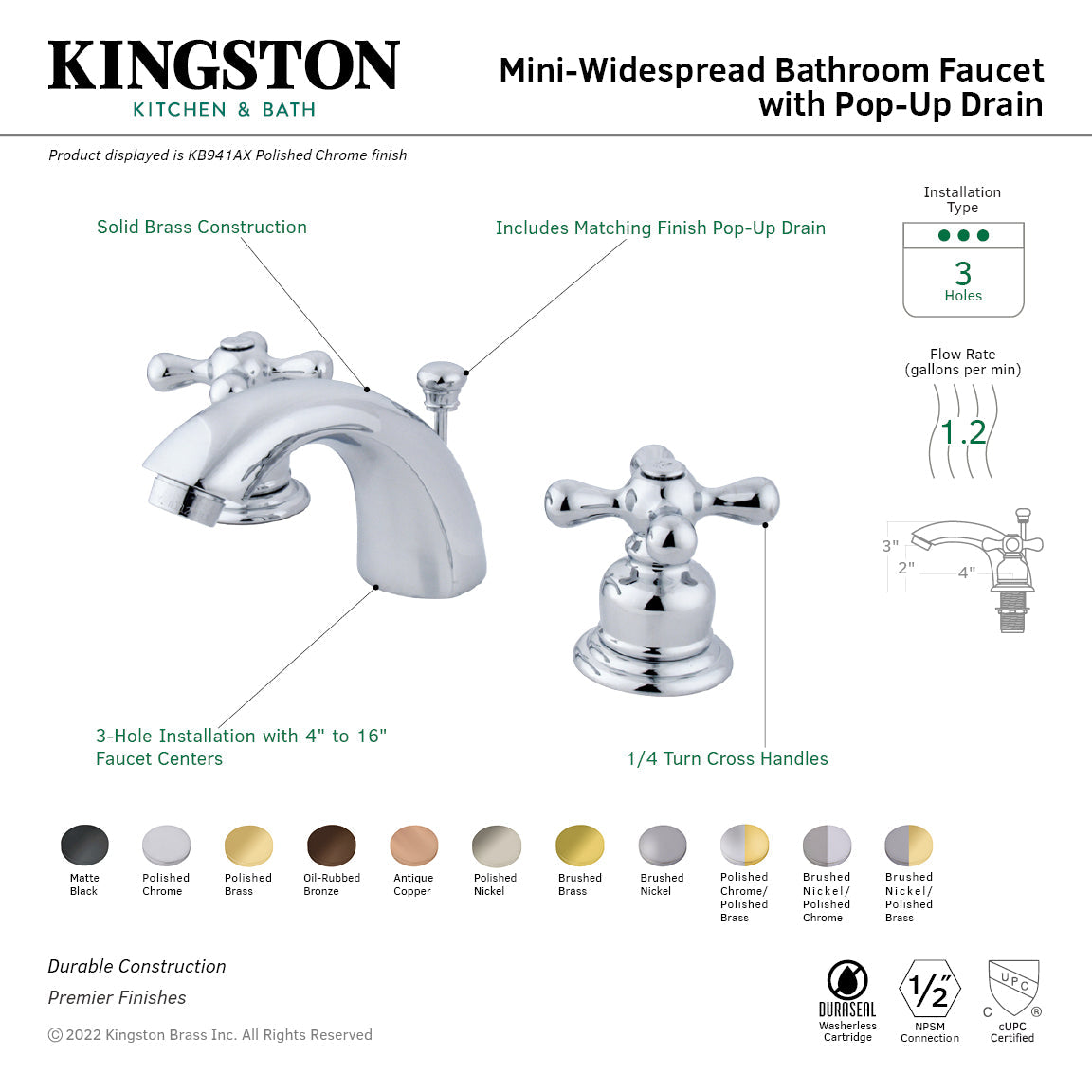 Victorian KB947AXSB Two-Handle 3-Hole Deck Mount Mini-Widespread Bathroom Faucet with Plastic Pop-Up, Brushed Brass