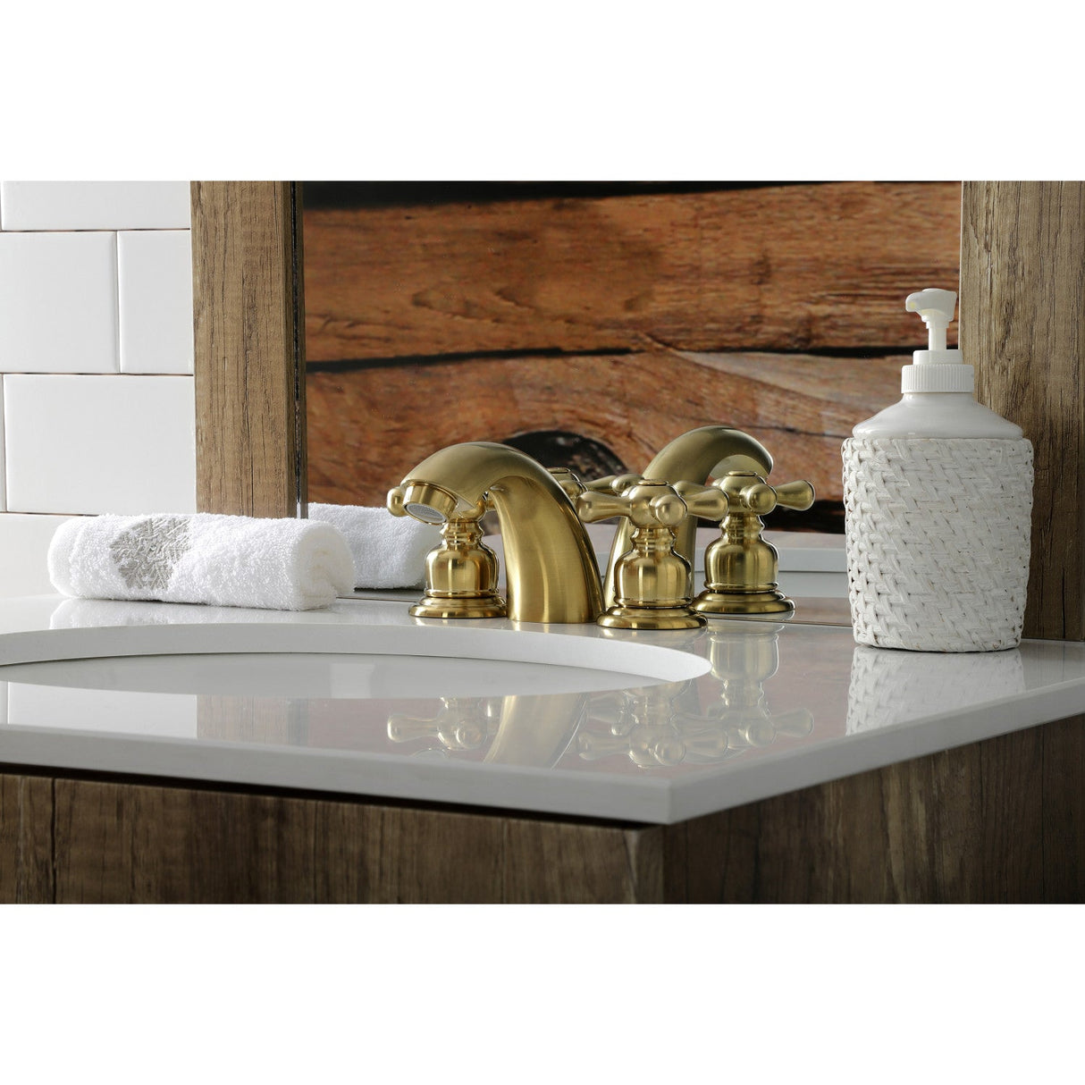 Victorian KB947AXSB Two-Handle 3-Hole Deck Mount Mini-Widespread Bathroom Faucet with Plastic Pop-Up, Brushed Brass