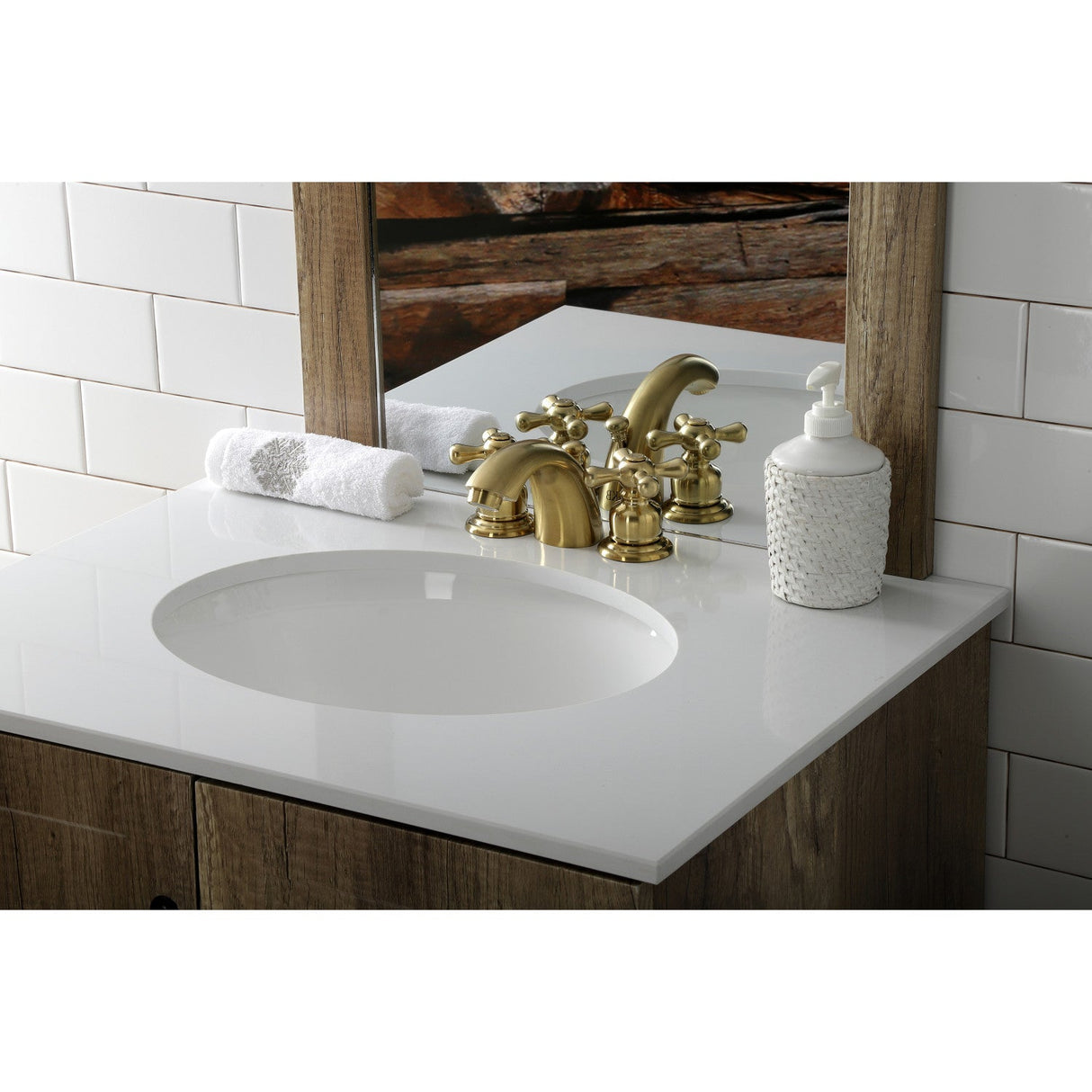 Victorian KB947AXSB Two-Handle 3-Hole Deck Mount Mini-Widespread Bathroom Faucet with Plastic Pop-Up, Brushed Brass