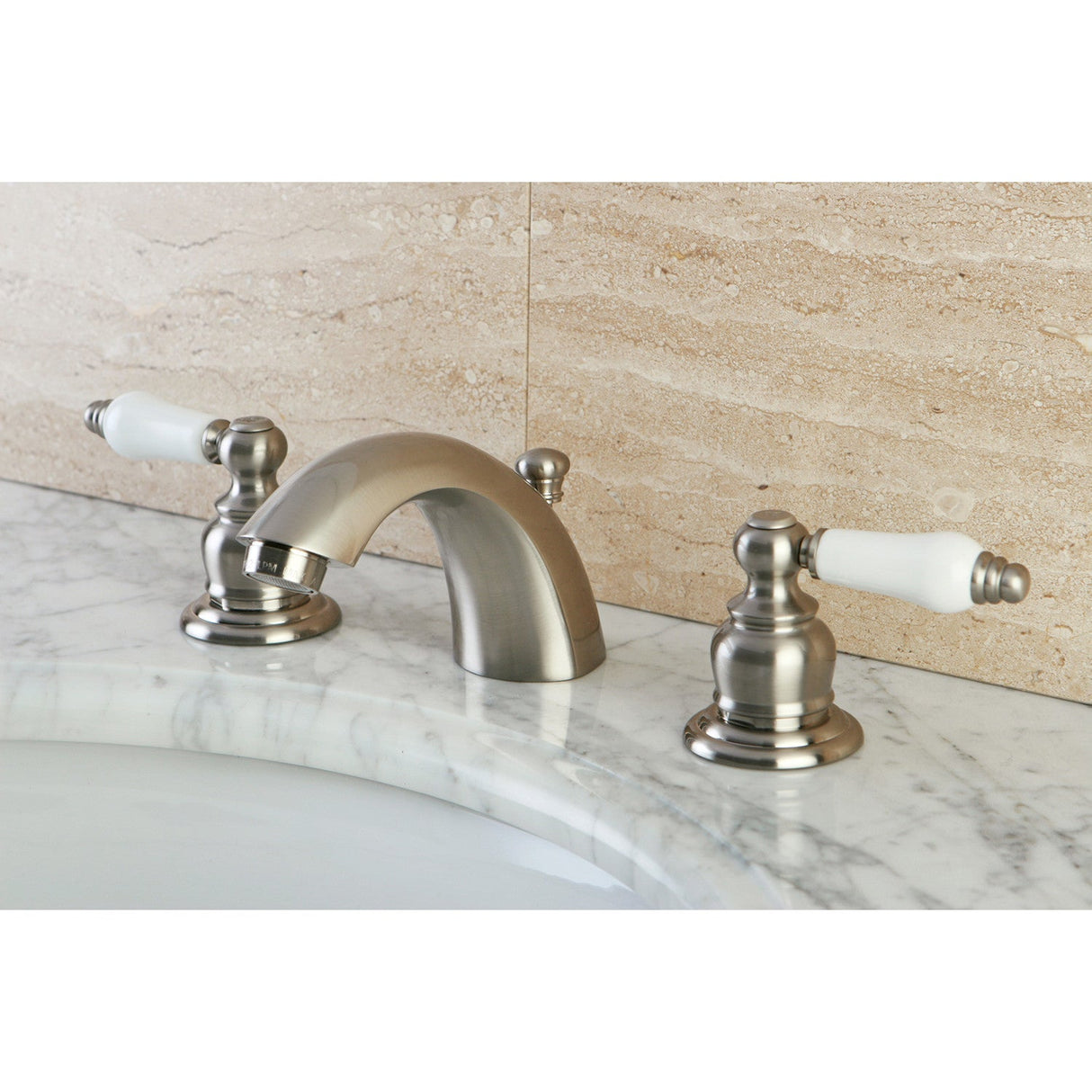 Victorian KB948B Two-Handle 3-Hole Deck Mount Mini-Widespread Bathroom Faucet with Plastic Pop-Up, Brushed Nickel