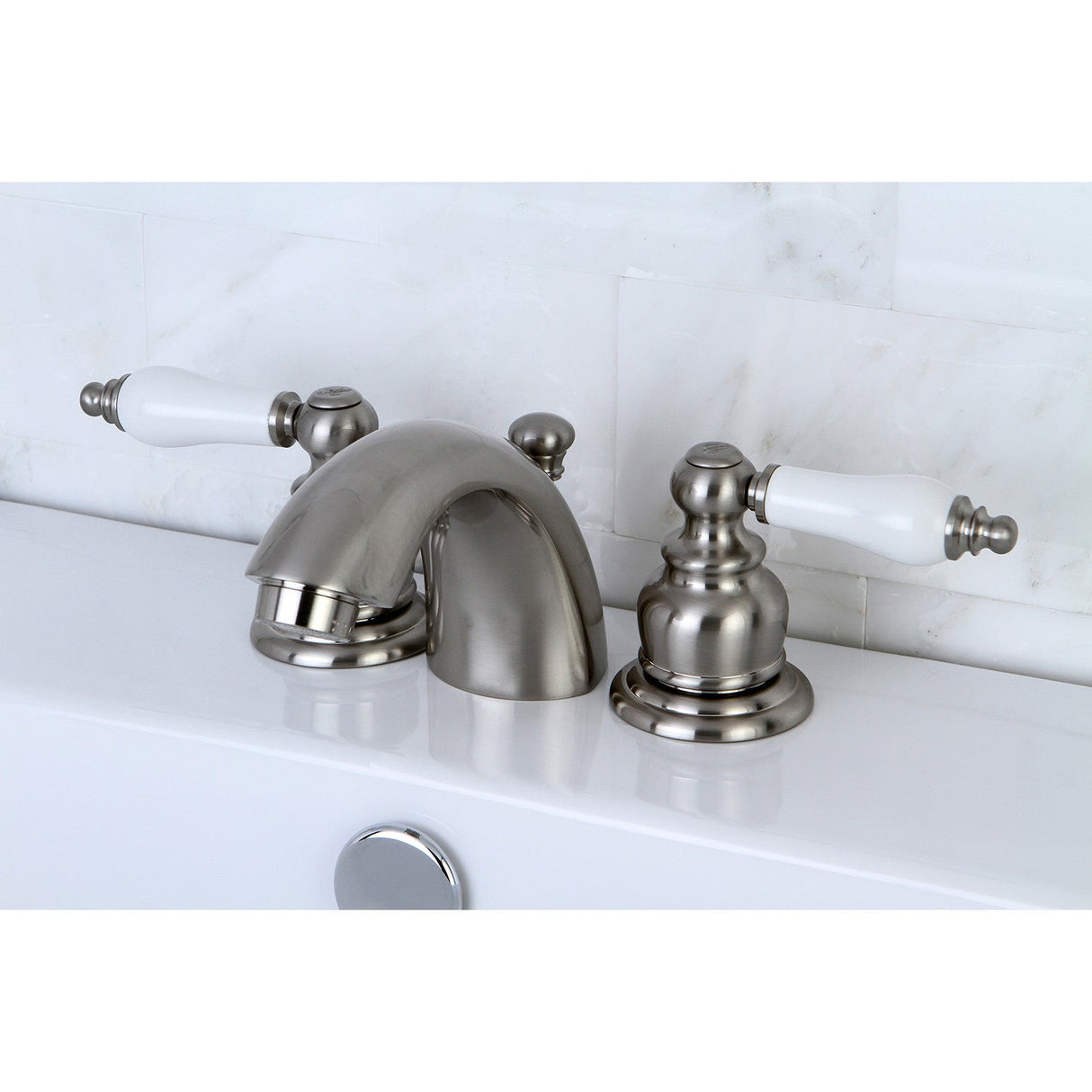 Victorian KB948B Two-Handle 3-Hole Deck Mount Mini-Widespread Bathroom Faucet with Plastic Pop-Up, Brushed Nickel