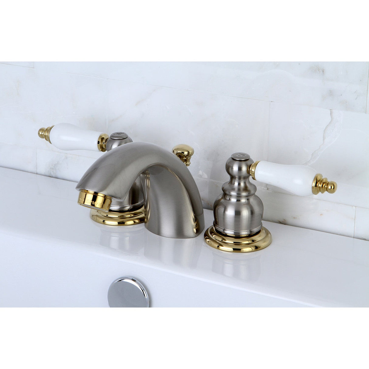 Victorian KB949B Two-Handle 3-Hole Deck Mount Mini-Widespread Bathroom Faucet with Plastic Pop-Up, Brushed Nickel/Polished Brass