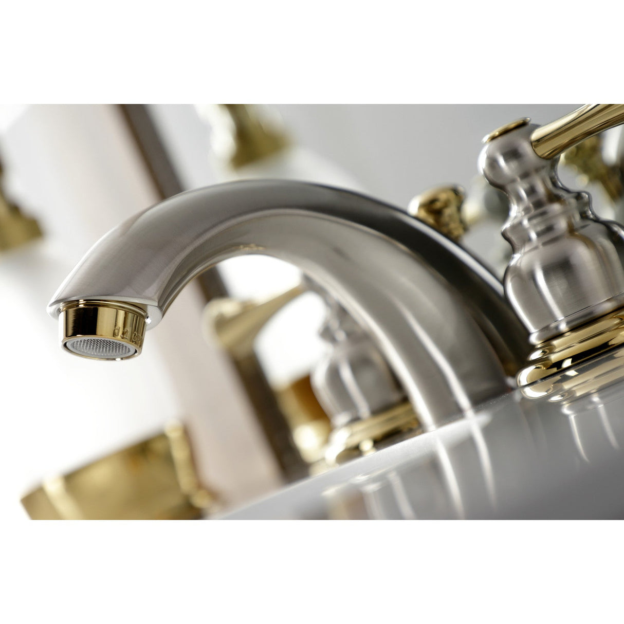 Vintage KB949BL Two-Handle 3-Hole Deck Mount Mini-Widespread Bathroom Faucet with Plastic Pop-Up, Brushed Nickel/Polished Brass