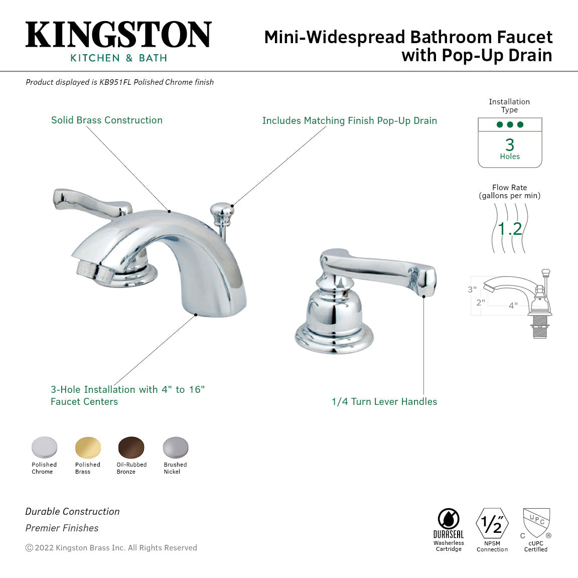 Royale KB951FL Two-Handle 3-Hole Deck Mount Mini-Widespread Bathroom Faucet with Plastic Pop-Up, Polished Chrome