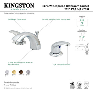 Legacy KB951LL Two-Handle 3-Hole Deck Mount Mini-Widespread Bathroom Faucet with Plastic Pop-Up, Polished Chrome