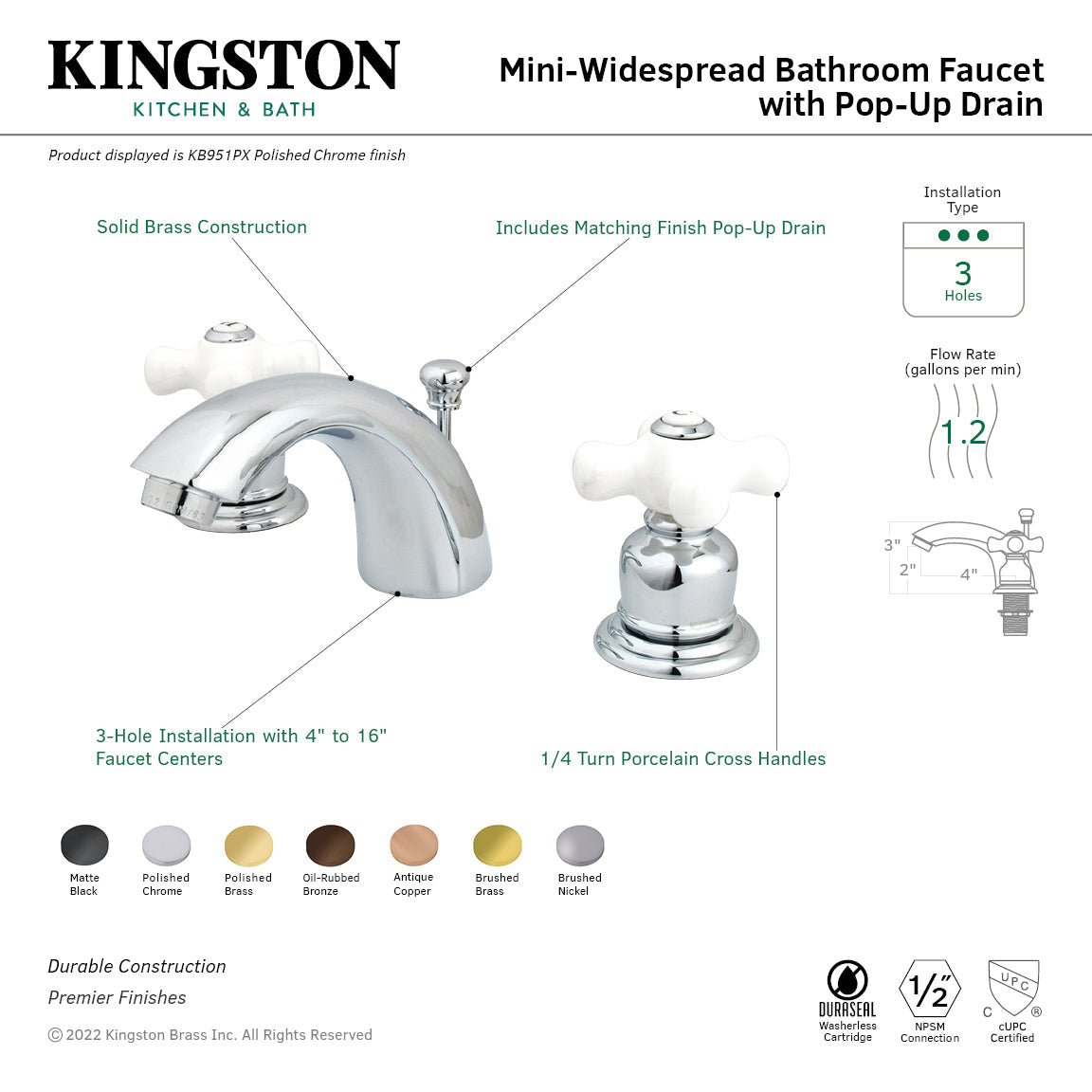 Victorian KB951PX Two-Handle 3-Hole Deck Mount Mini-Widespread Bathroom Faucet with Plastic Pop-Up, Polished Chrome