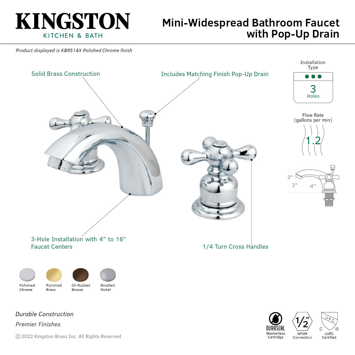 Victorian KB952AX Two-Handle 3-Hole Deck Mount Mini-Widespread Bathroom Faucet with Plastic Pop-Up, Polished Brass