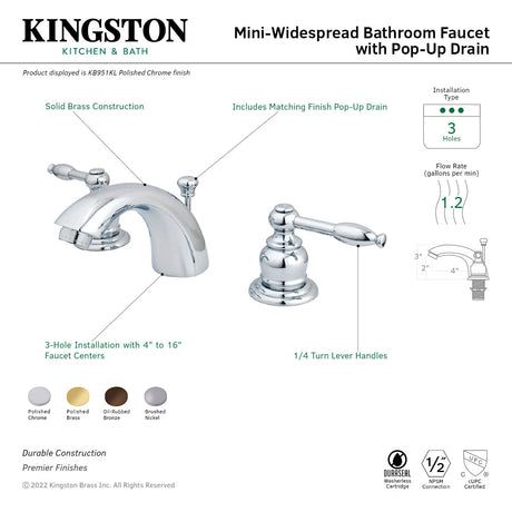 Knight KB952KL Two-Handle 3-Hole Deck Mount Mini-Widespread Bathroom Faucet with Plastic Pop-Up, Polished Brass