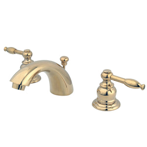 Knight KB952KL Two-Handle 3-Hole Deck Mount Mini-Widespread Bathroom Faucet with Plastic Pop-Up, Polished Brass