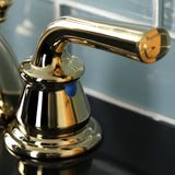 Restoration KB952RXL Two-Handle 3-Hole Deck Mount Mini-Widespread Bathroom Faucet with Plastic Pop-Up, Polished Brass