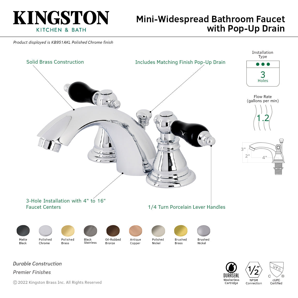 Duchess KB955AKL Two-Handle 3-Hole Deck Mount Mini-Widespread Bathroom Faucet with Plastic Pop-Up, Oil Rubbed Bronze