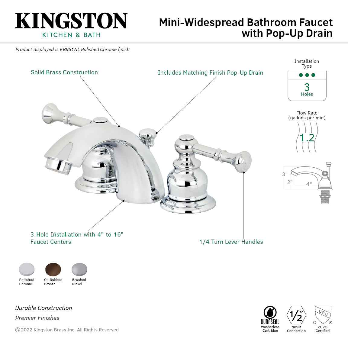 Naples KB955NL Two-Handle 3-Hole Deck Mount Mini-Widespread Bathroom Faucet with Plastic Pop-Up, Oil Rubbed Bronze