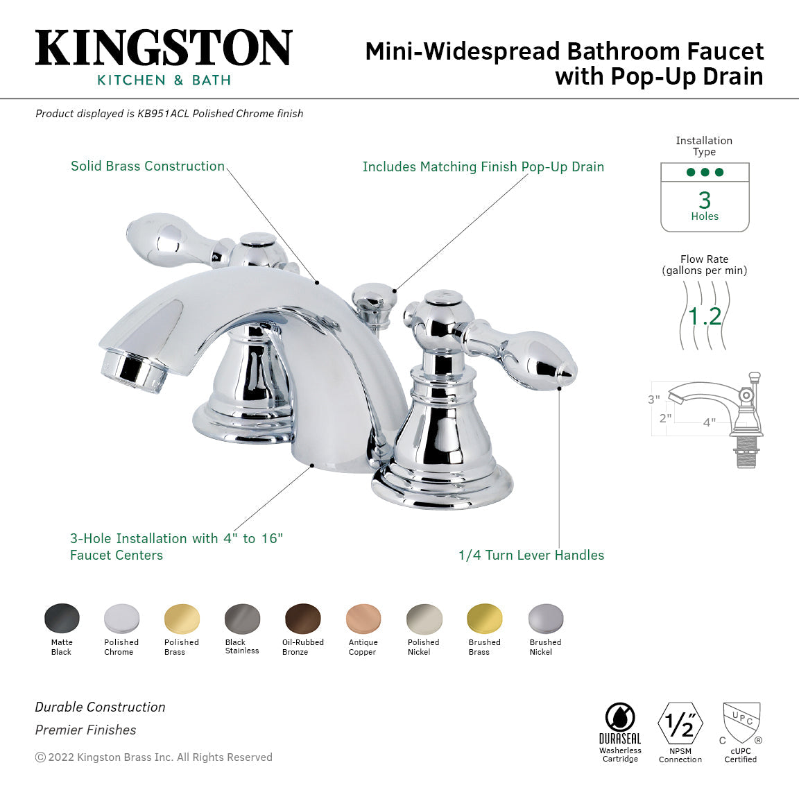 American Classic KB956ACL Two-Handle 3-Hole Deck Mount Mini-Widespread Bathroom Faucet with Plastic Pop-Up, Antique Copper