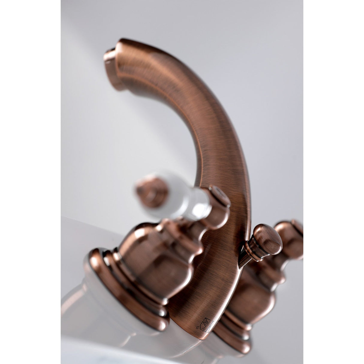 Victorian KB956PL Two-Handle 3-Hole Deck Mount Mini-Widespread Bathroom Faucet with Plastic Pop-Up, Antique Copper