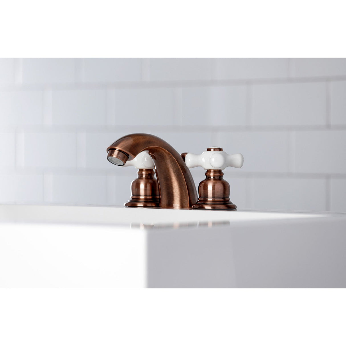 Victorian KB956PX Two-Handle 3-Hole Deck Mount Mini-Widespread Bathroom Faucet with Plastic Pop-Up, Antique Copper