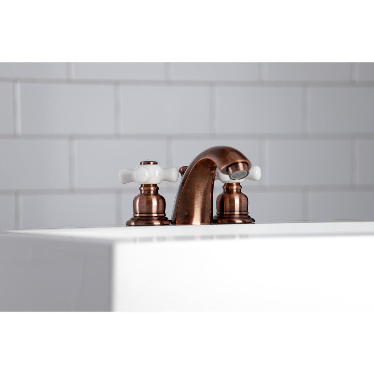 Victorian KB956PX Two-Handle 3-Hole Deck Mount Mini-Widespread Bathroom Faucet with Plastic Pop-Up, Antique Copper
