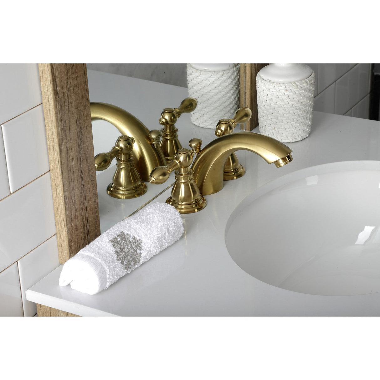 American Classic KB957ACLSB Two-Handle 3-Hole Deck Mount Mini-Widespread Bathroom Faucet with Plastic Pop-Up, Brushed Brass