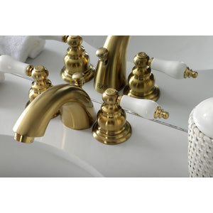 Victorian KB957PLSB Two-Handle 3-Hole Deck Mount Mini-Widespread Bathroom Faucet with Plastic Pop-Up, Brushed Brass