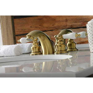 Victorian KB957PLSB Two-Handle 3-Hole Deck Mount Mini-Widespread Bathroom Faucet with Plastic Pop-Up, Brushed Brass