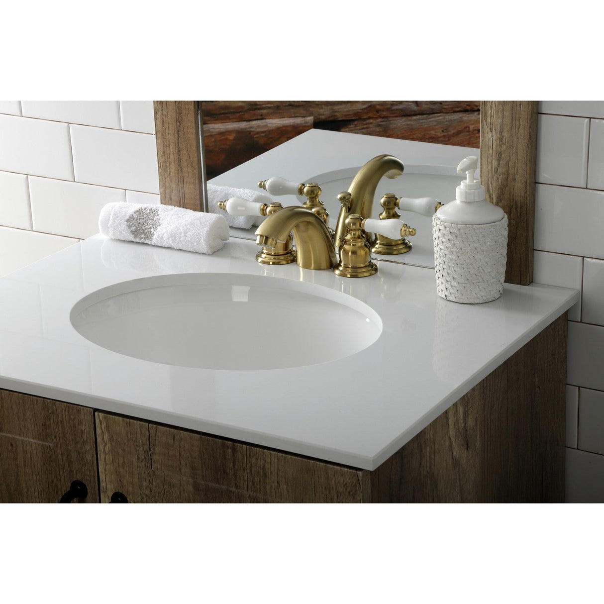 Victorian KB957PLSB Two-Handle 3-Hole Deck Mount Mini-Widespread Bathroom Faucet with Plastic Pop-Up, Brushed Brass