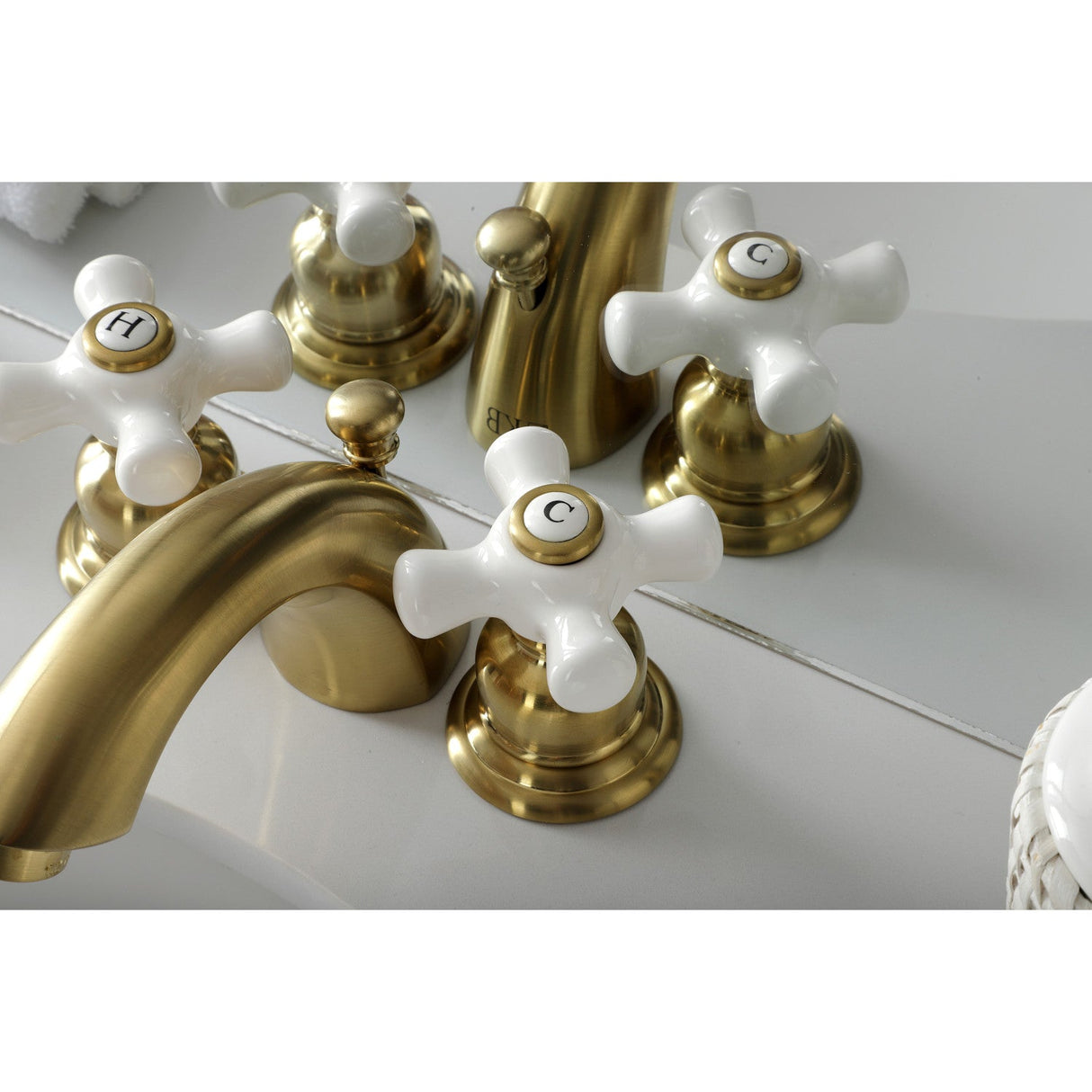 Victorian KB957PXSB Two-Handle 3-Hole Deck Mount Mini-Widespread Bathroom Faucet with Plastic Pop-Up, Brushed Brass