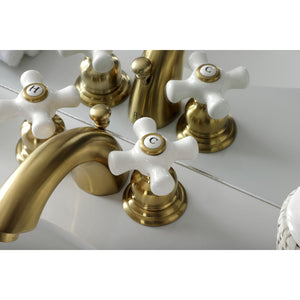 Victorian KB957PXSB Two-Handle 3-Hole Deck Mount Mini-Widespread Bathroom Faucet with Plastic Pop-Up, Brushed Brass