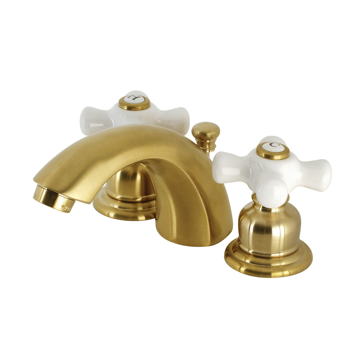 Victorian KB957PXSB Two-Handle 3-Hole Deck Mount Mini-Widespread Bathroom Faucet with Plastic Pop-Up, Brushed Brass