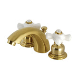 Victorian KB957PXSB Two-Handle 3-Hole Deck Mount Mini-Widespread Bathroom Faucet with Plastic Pop-Up, Brushed Brass