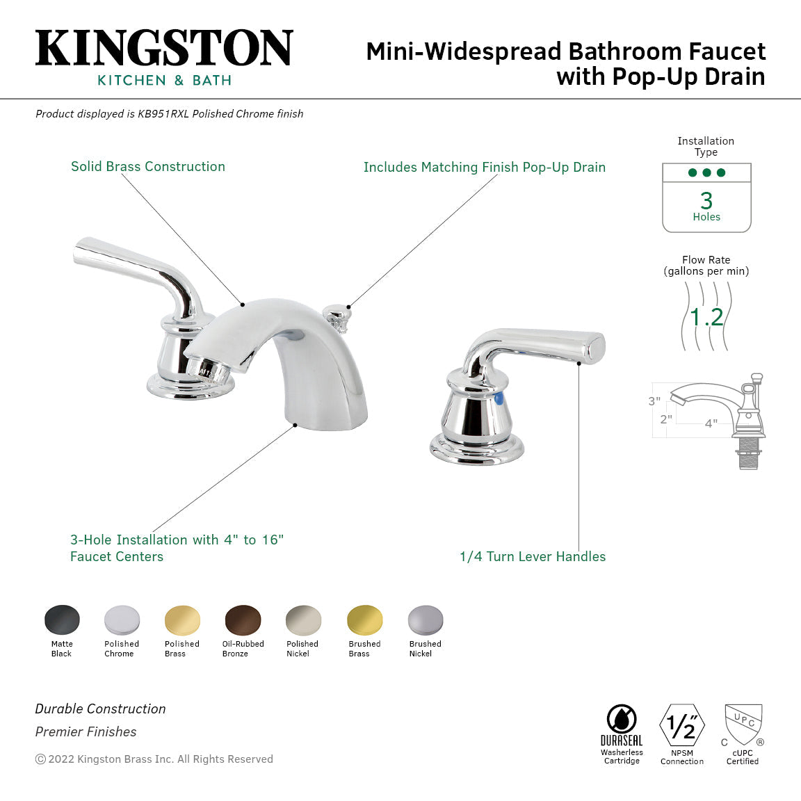 Restoration KB957RXLSB Two-Handle 3-Hole Deck Mount Mini-Widespread Bathroom Faucet with Plastic Pop-Up, Brushed Brass