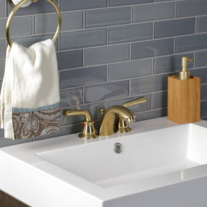 Restoration KB957RXLSB Two-Handle 3-Hole Deck Mount Mini-Widespread Bathroom Faucet with Plastic Pop-Up, Brushed Brass