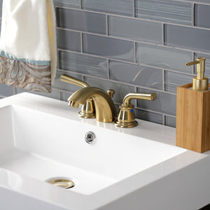 Restoration KB957RXLSB Two-Handle 3-Hole Deck Mount Mini-Widespread Bathroom Faucet with Plastic Pop-Up, Brushed Brass