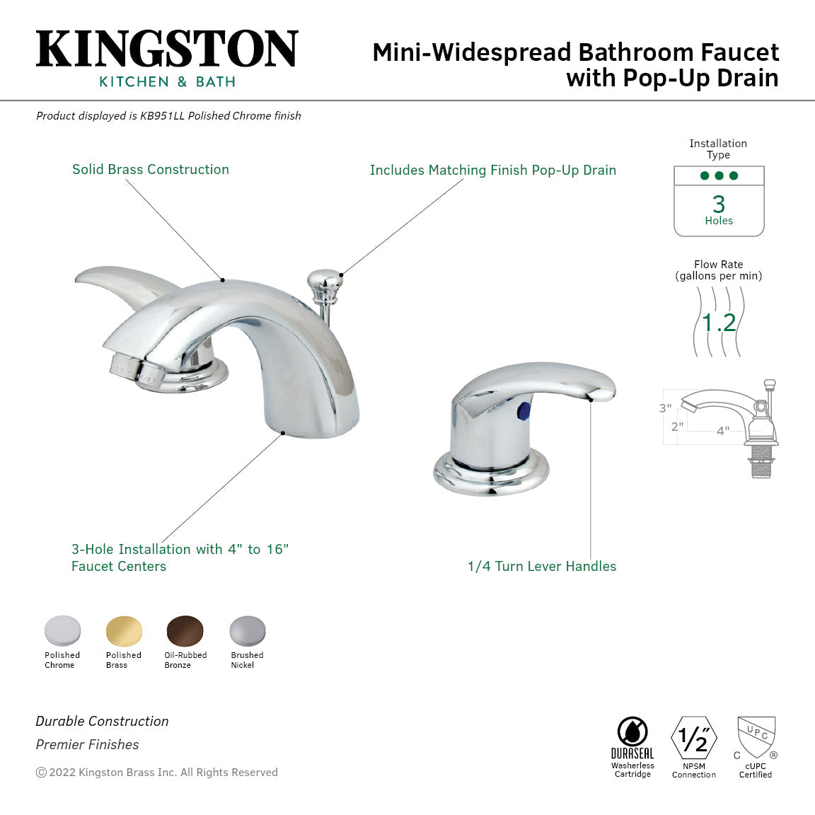 Legacy KB958LL Two-Handle 3-Hole Deck Mount Mini-Widespread Bathroom Faucet with Plastic Pop-Up, Brushed Nickel