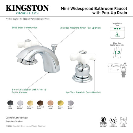 Victorian KB958PX Two-Handle 3-Hole Deck Mount Mini-Widespread Bathroom Faucet with Plastic Pop-Up, Brushed Nickel