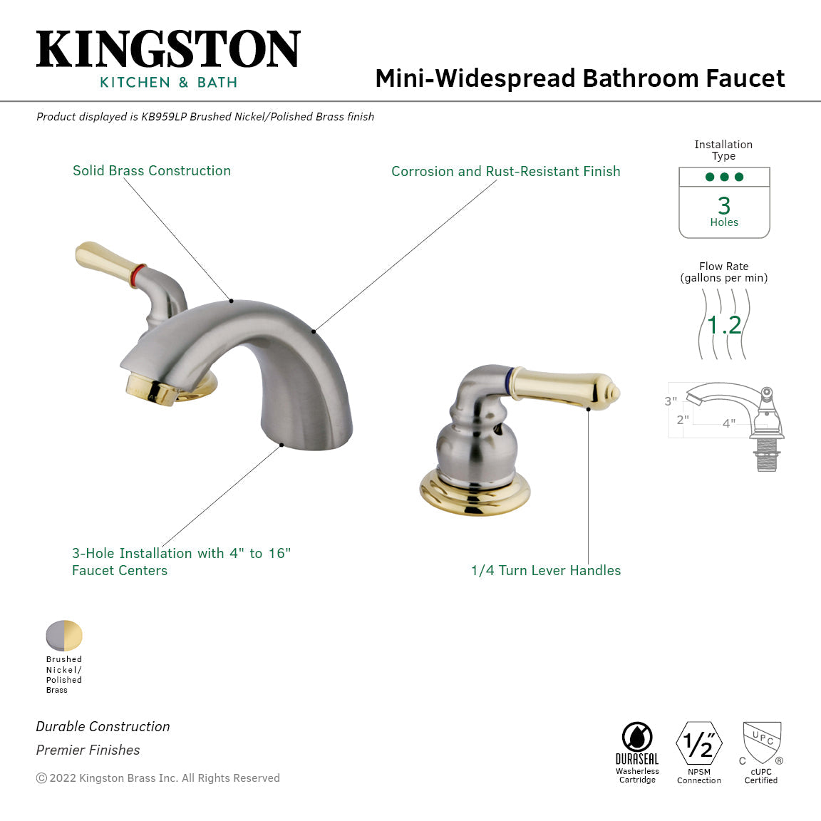 Magellan KB959LP Two-Handle 3-Hole Deck Mount Mini-Widespread Bathroom Faucet, Brushed Nickel/Polished Brass