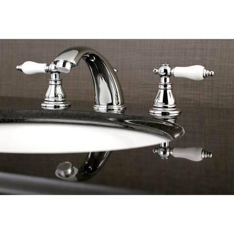 American Patriot KB961APL Two-Handle 3-Hole Deck Mount Widespread Bathroom Faucet with Plastic Pop-Up, Polished Chrome